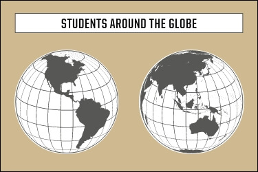 World map of Purdue Online MBA students. Map  shows a globe with callouts pointing to the United States, Mexico, Columbia and Singapore.